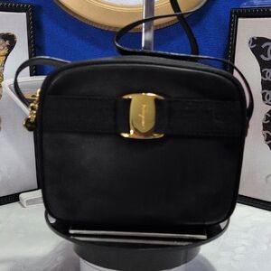 Salvatore Ferragamo Vintage Calfskin  Black Leather Vara  Crossbody Bag